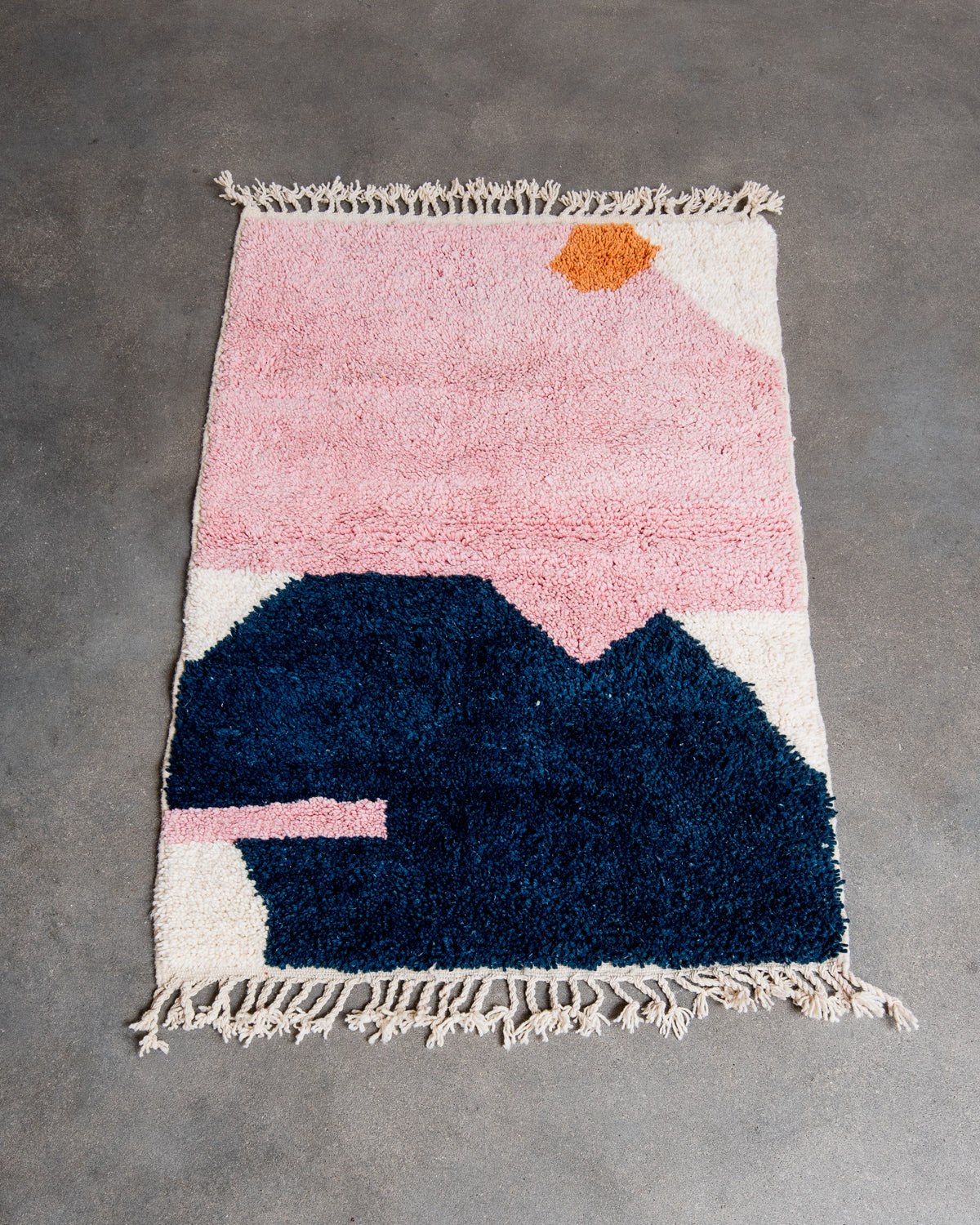 Modern, designer, handcrafted Berber rug from Morocco. Beniourain carpet with beautiful colours and patterns and fluffy wool texture.